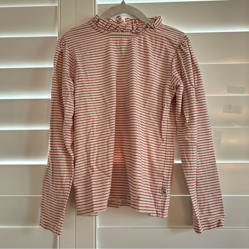 Filou & Friends Striped Ruffle Neck Knit Top Cream Red Size 8